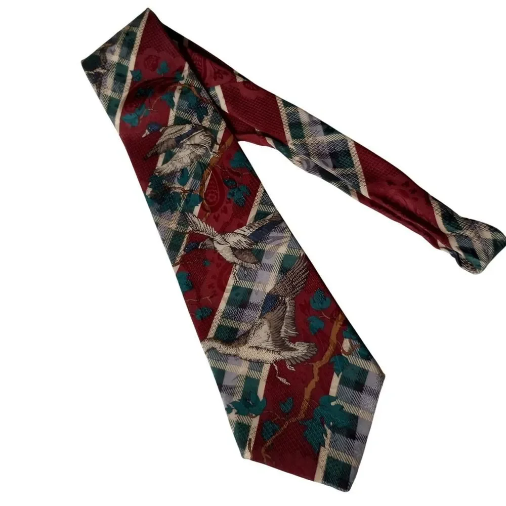 Flying Scotsman Collection Mens Silk Tie Burgundy Pheasant Plaid Paisley Hunting